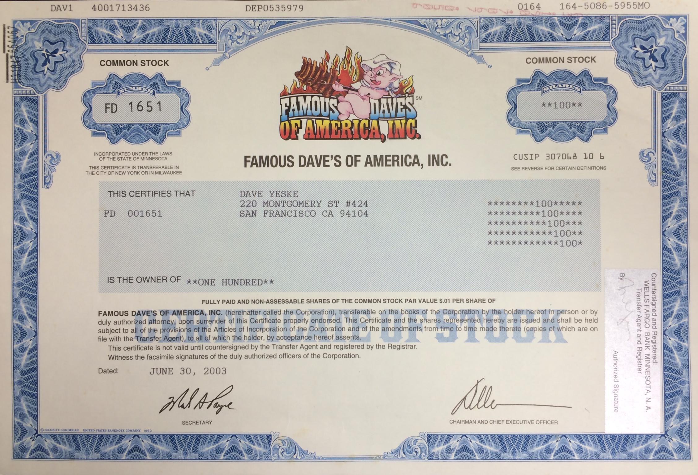 Famous Dave's stock certificate