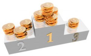 podium with siver and golden coins isolated on a white