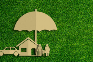 Paper cut of insurance concept on green grass background. Car insurance, life insurance, home insurance to protection by umbrella.