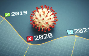 Simple clean performance line graph design for 2019, 2020 and 2021 with a red coronavirus cell close up and icons