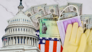 Senate stimulus deal includes individual checks virus economic stimulus plan US 100 dollar bills currency on American flag Global pandemic Covid 19 lockdown