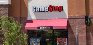 Exterior of a GameStop retail store. This retail chain specializes in video game and consoles sales