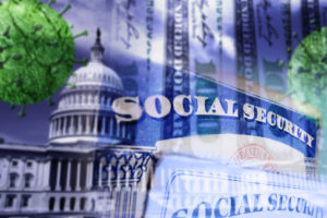 Social Security cards with US capitol, money and Coronavirus image