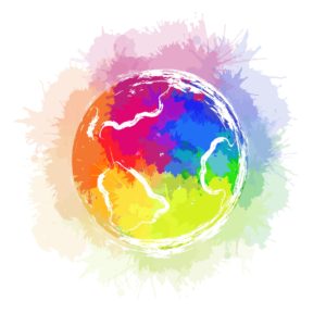Illustration of planet earth with rainbow watercolor splashes and ink strokes on white background. The object is separate from the background.