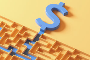 The blue path through the yellow maze leads to the dollar sign. 3d illustration