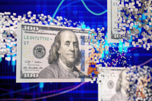 Digital US Dollar Cryptocurrency or Money Transfer Concepts. 3D Render