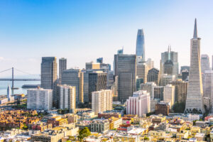 A panoramic view from above San Francisco's financial district on a bright sunny day.