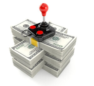 Joystick on stack of money isolated on white background. 3d illustration