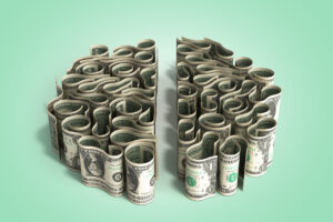 dollar bills laid out in the form of convolutions of the brain concept of monetization of knowledge or investment in learning 3d render on green gradient