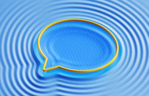 3D Speech Bubble Outline and Sound Waves Digitally generated image of speech bubble and sound waves. Concept of communication, collaboration, AI chatbot or creativity.