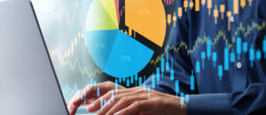 Investment portfolio diversification strategy. Risk management and asset allocation. Investor using laptop computer to manage stock investments.