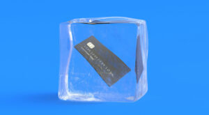 Credit card in ice cube. 3d illustration