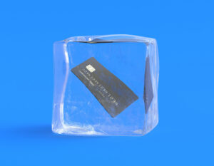 Credit card in ice cube. 3d illustration