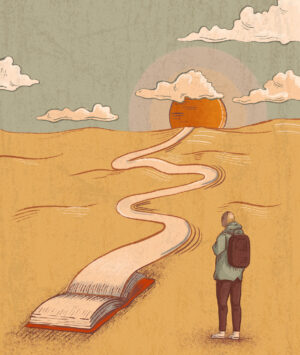 Book pages become a path Reading books creates new paths for your mind. Digital illustration, my own artwork.
